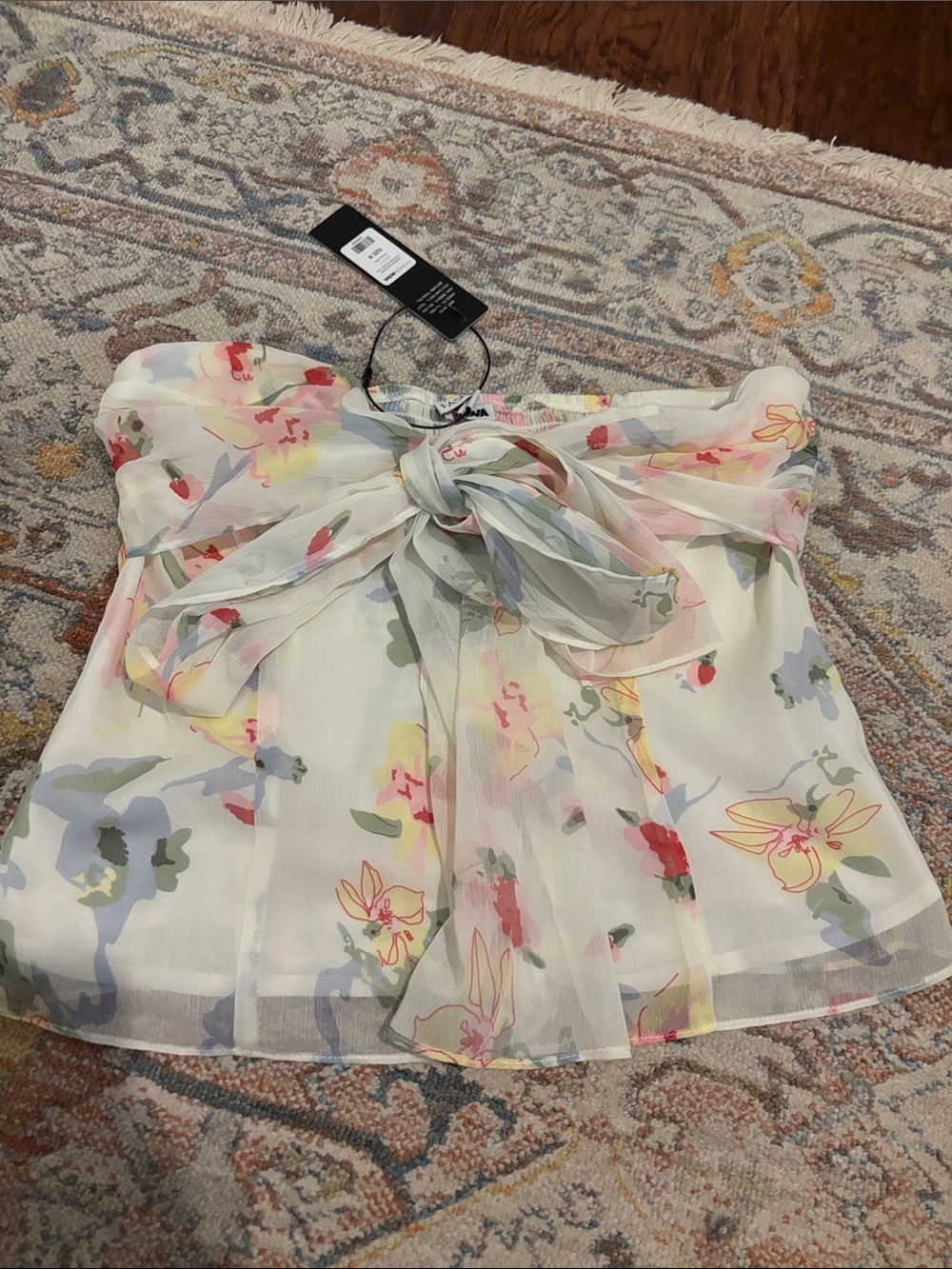 Fashion Nova Floral Bow-Front Strapless Top in Cream with Pastel Accents